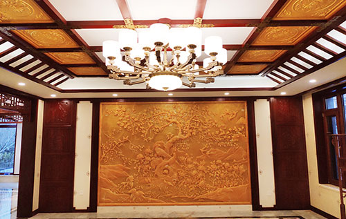 北镇中式别墅客厅中式木作横梁吊顶装饰展示